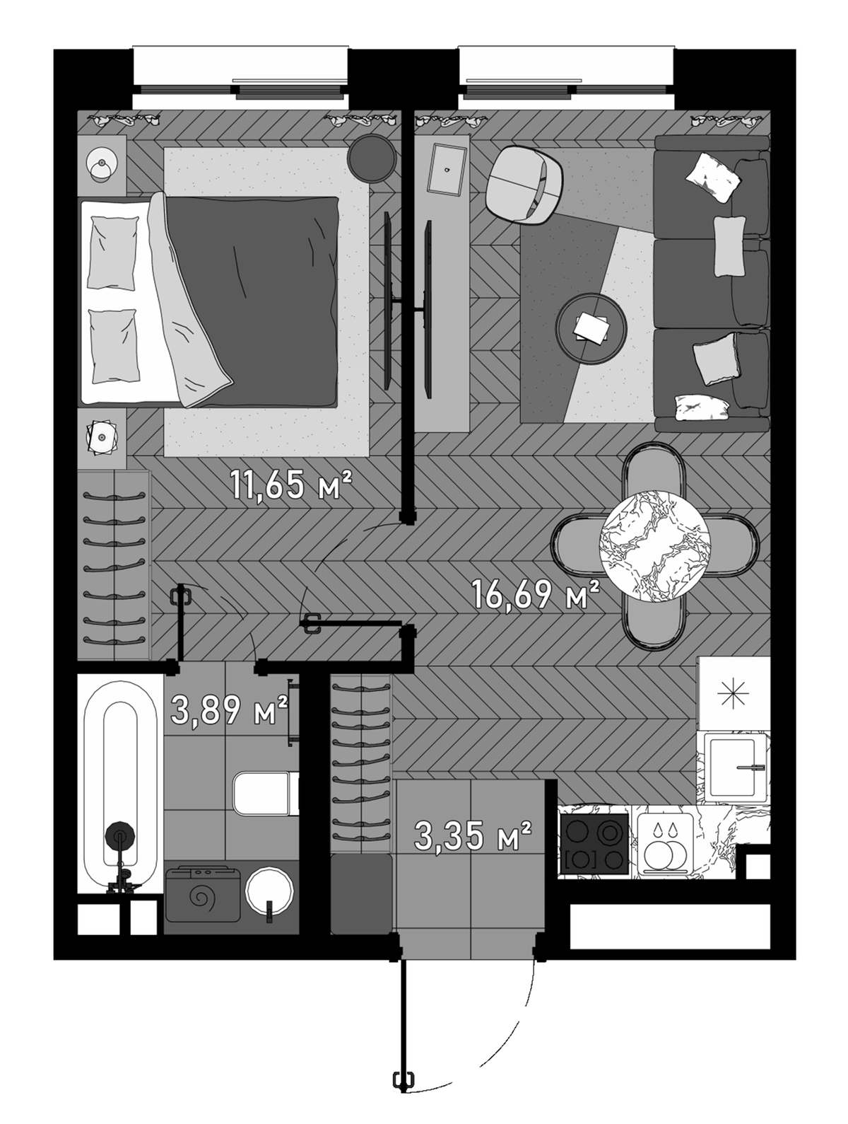 Планировка евродвушка (2Е) 29.5 м² в ЖК «Зорге, 9», корпус Soho