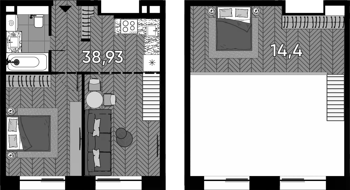 Планировка евродвушка (2Е) 38.93 м² в ЖК «Зорге, 9», корпус Soho