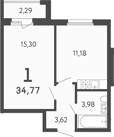 Планировка однокомнатная 34.77 м² в ЖК «17 линия», корпус Б