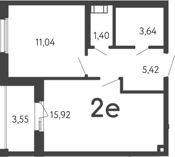 Планировка евродвушка (2Е) 39.2 м² в ЖК «17 линия», корпус Б