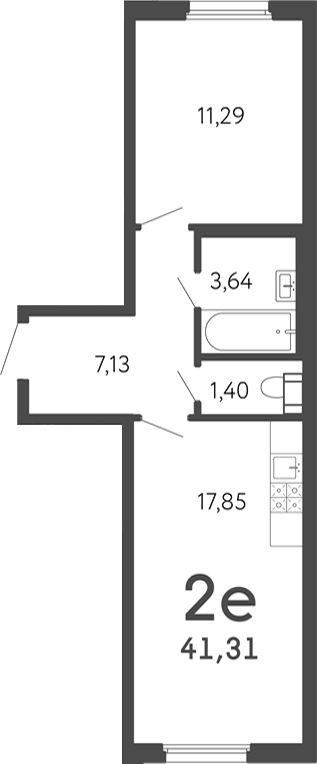 Планировка евродвушка (2Е) 41.31 м² в ЖК «17 линия», корпус Б