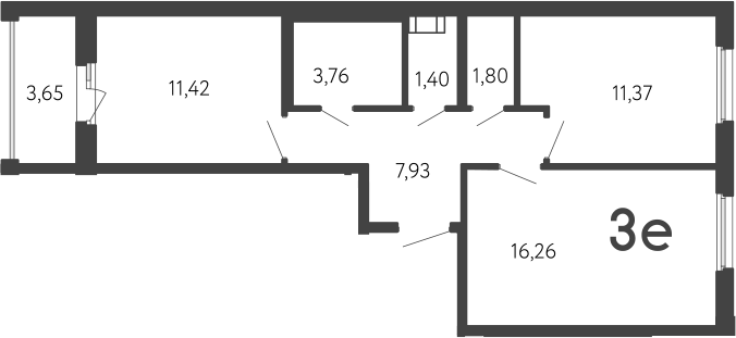 Планировка евротрёшка (3Е) 56.04 м² в ЖК «17 линия», корпус Б