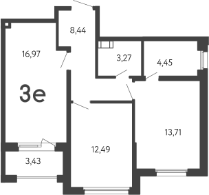 Планировка евротрёшка (3Е) 61.05 м² в ЖК «17 линия», корпус Б