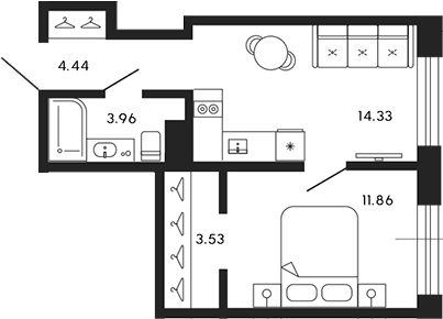 Планировка однокомнатная 38.12 м² в ЖК «17/33», корпус CLUB
