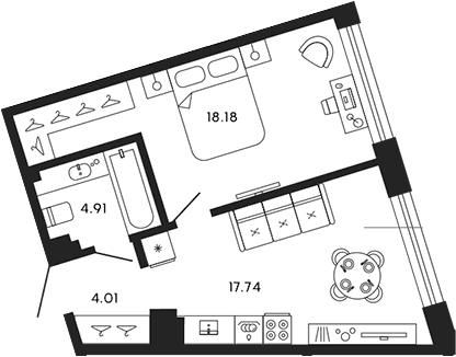 Планировка евродвушка (2Е) 44.84 м² в ЖК «17/33», корпус LIFE