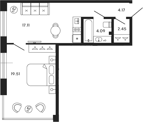 Планировка евродвушка (2Е) 47.33 м² в ЖК «17/33», корпус CLUB