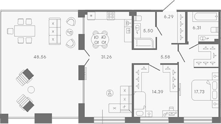 Планировка евротрёшка (3Е) 135.62 м² в ЖК «17/33», корпус LIFE