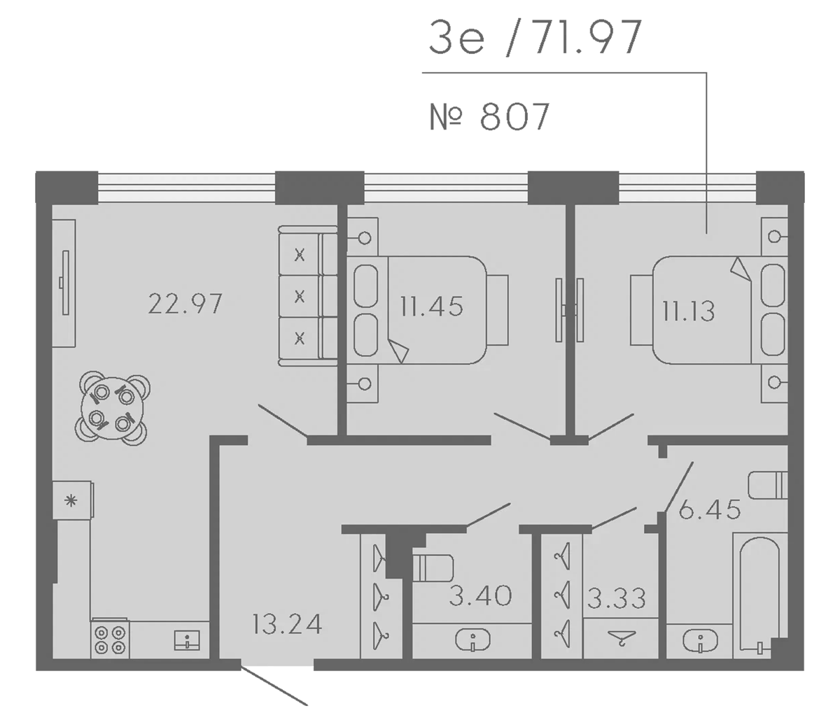 Планировка евротрёшка (3Е) 71.97 м² в ЖК «17/33», корпус RESIDENCE