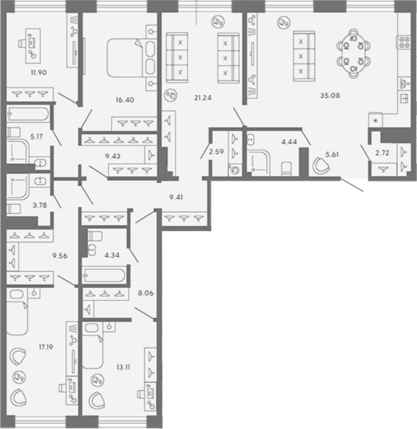 Планировка пятикомнатная 180.03 м² в ЖК «17/33», корпус LIFE