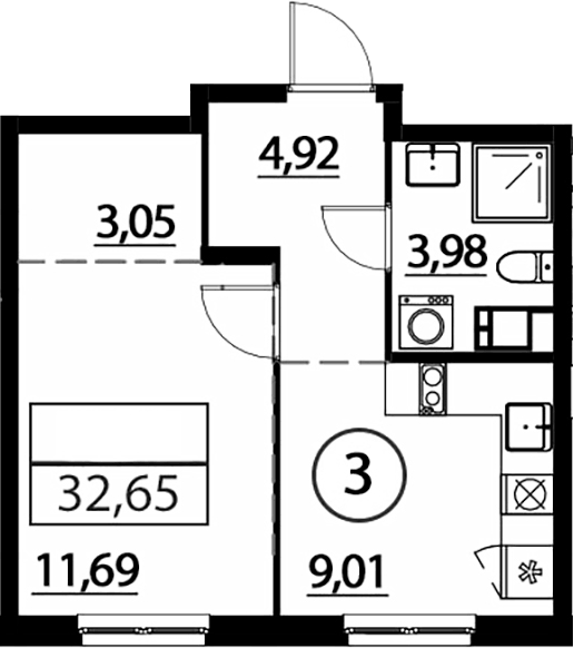 Планировка однокомнатная 32.65 м² в ЖК «А101 Лаголово», корпус 1.3.3