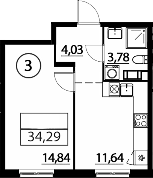 Планировка однокомнатная 34.3 м² в ЖК «А101 Лаголово», корпус 1.3.3