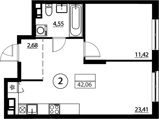 Планировка евродвушка (2Е) 42.1 м² в ЖК «А101 Лаголово», корпус 1.3.4