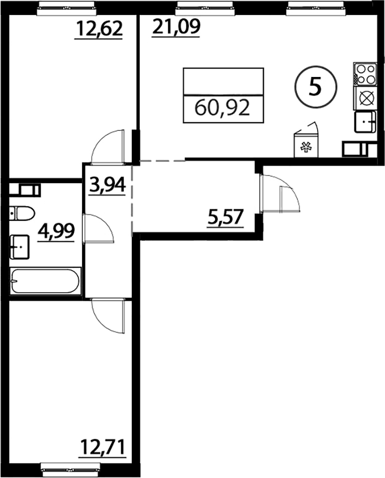 Планировка евротрёшка (3Е) 60.92 м² в ЖК «А101 Лаголово», корпус 1.3.3