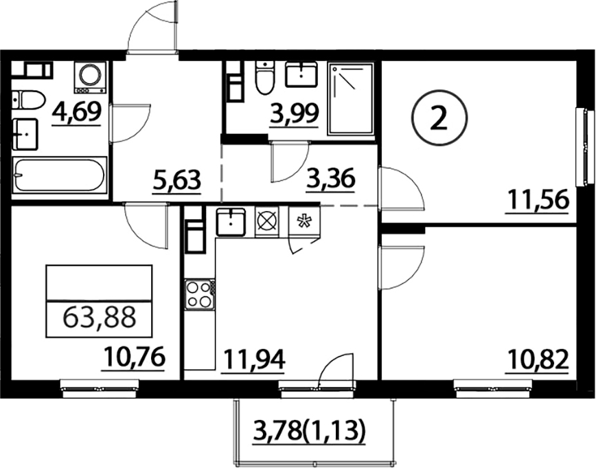 Планировка трёхкомнатная 63.9 м² в ЖК «А101 Лаголово», корпус 1.3.3