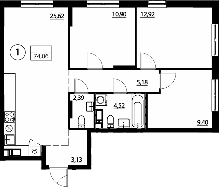 Планировка евро-4 (4Е) 74.1 м² в ЖК «А101 Лаголово», корпус 1.3.4