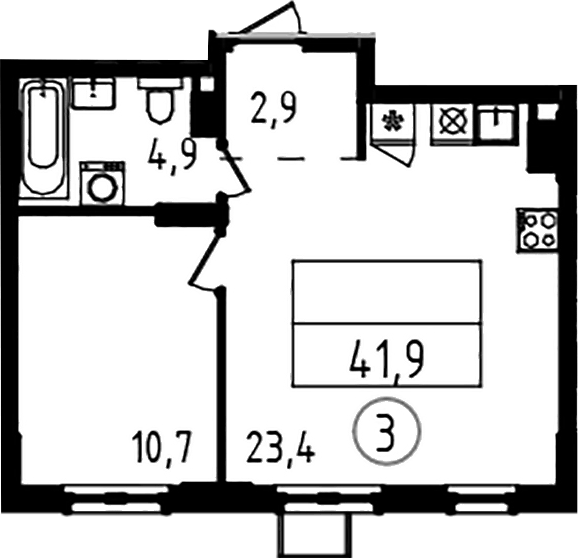 Планировка евродвушка (2Е) 41.9 м² в ЖК «А101 Всеволожск», корпус 4.3