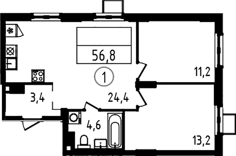 Планировка евротрёшка (3Е) 56.8 м² в ЖК «А101 Всеволожск», корпус 4.3