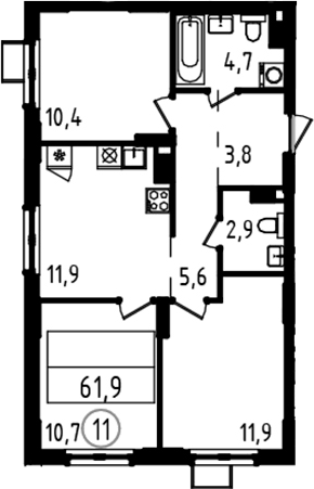 Планировка трёхкомнатная 61.9 м² в ЖК «А101 Всеволожск», корпус 4.2