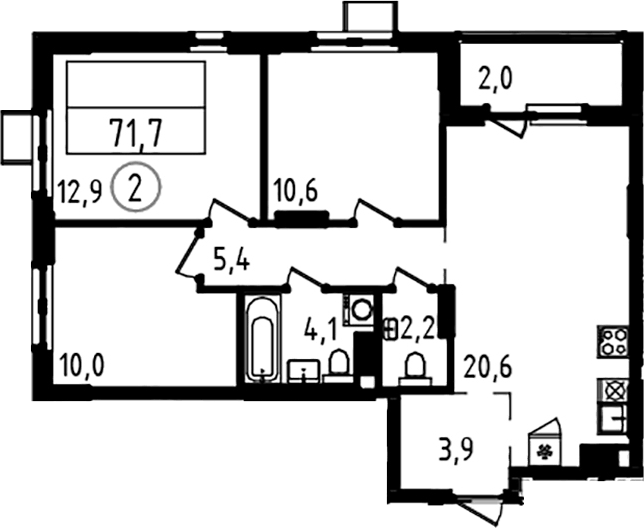 Планировка евро-4 (4Е) 71.7 м² в ЖК «А101 Всеволожск», корпус 4.1
