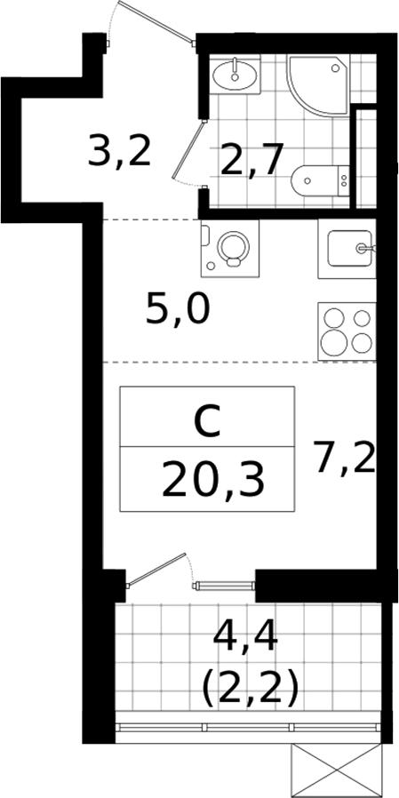 Планировка Студии 20.3 м² в ЖК «А101 Всеволожск», корпус 1.3