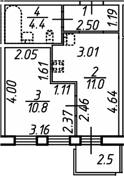 Планировка однокомнатная 30 м² в ЖК «Аэросити Клаб», корпус 1