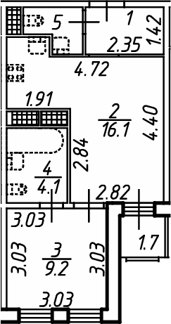 Планировка евродвушка (2Е) 35.6 м² в ЖК «Аэросити Клаб», корпус 1