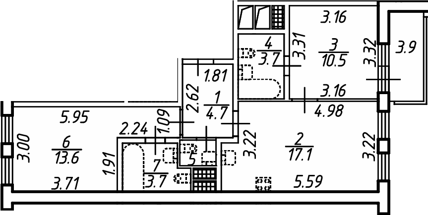 Планировка евротрёшка (3Е) 56.5 м² в ЖК «Аэросити Клаб», корпус 1