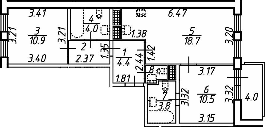 Планировка евротрёшка (3Е) 58.6 м² в ЖК «Аэросити Клаб», корпус 1