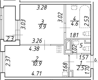 Планировка однокомнатная 30.3 м² в ЖК «Аэросити», корпус 6
