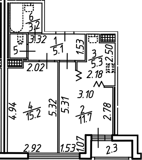 Планировка евродвушка (2Е) 43 м² в ЖК «Аэросити», корпус 4