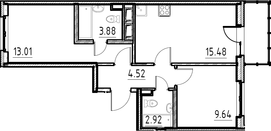 Планировка евротрёшка (3Е) 50.56 м² в ЖК «Аэросити», корпус 8