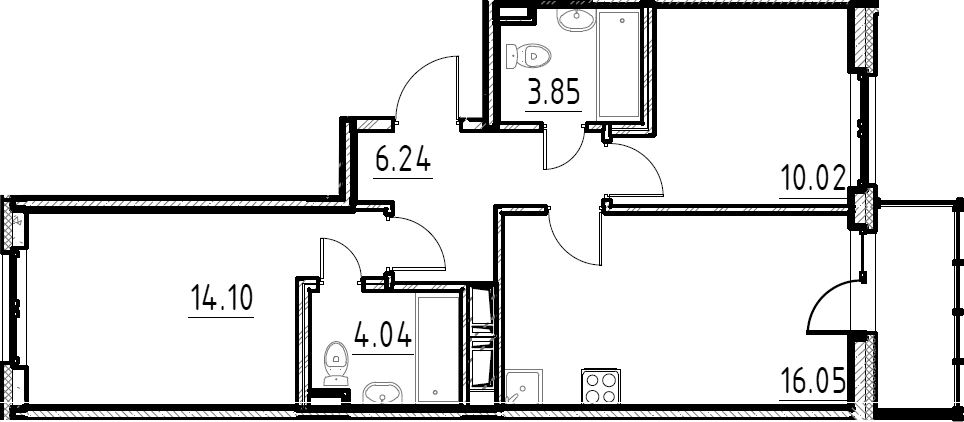 Планировка евротрёшка (3Е) 55.44 м² в ЖК «Аэросити», корпус 8