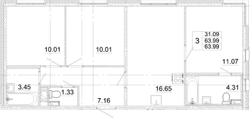 Планировка евро-4 (4Е) 63.99 м² в ЖК «Аэросити», корпус 7