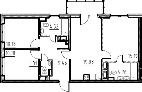 Планировка евро-4 (4Е) 75.9 м² в ЖК «Аэросити», корпус 8