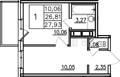 Планировка однокомнатная 27.93 м² в ЖК «Аэросити Лайф», корпус 1