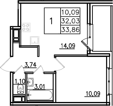 Планировка однокомнатная 33.86 м² в ЖК «Аэросити Лайф», корпус 1