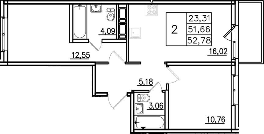 Планировка евротрёшка (3Е) 52.78 м² в ЖК «Аэросити Лайф», корпус 1