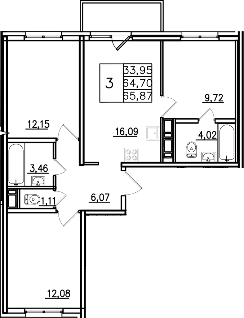 Планировка евро-4 (4Е) 65.87 м² в ЖК «Аэросити Лайф», корпус 1