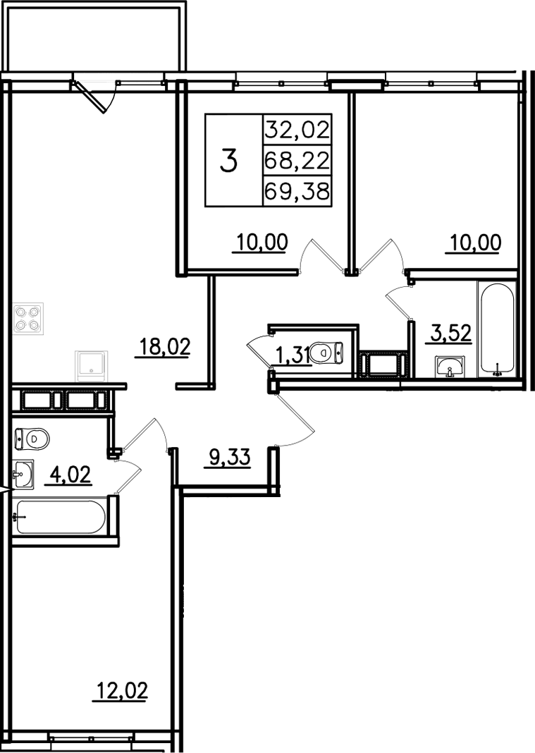 Планировка евро-4 (4Е) 69.38 м² в ЖК «Аэросити Лайф», корпус 1