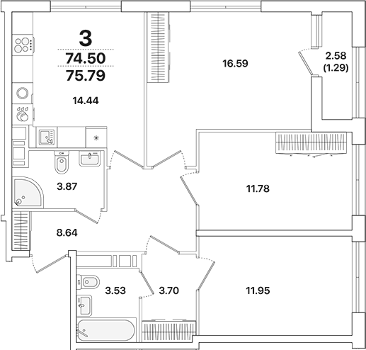 Планировка трёхкомнатная 75.79 м² в ЖК «Академик», корпус 3