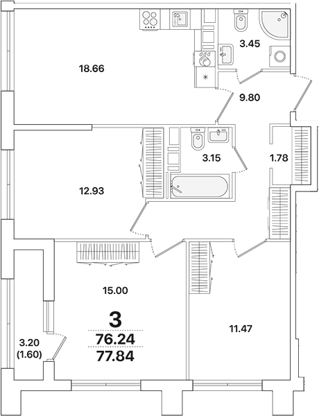 Планировка евро-4 (4Е) 77.84 м² в ЖК «Академик», корпус 3