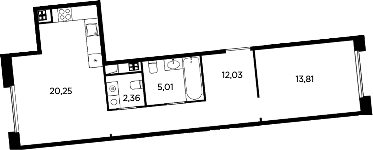 Планировка евродвушка (2Е) 53.46 м² в ЖК «Акватория», корпус Б