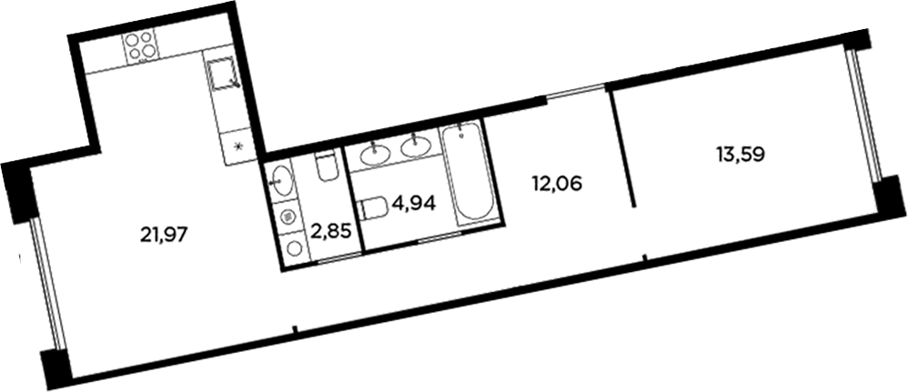 Планировка евродвушка (2Е) 55.41 м² в ЖК «Акватория», корпус Б