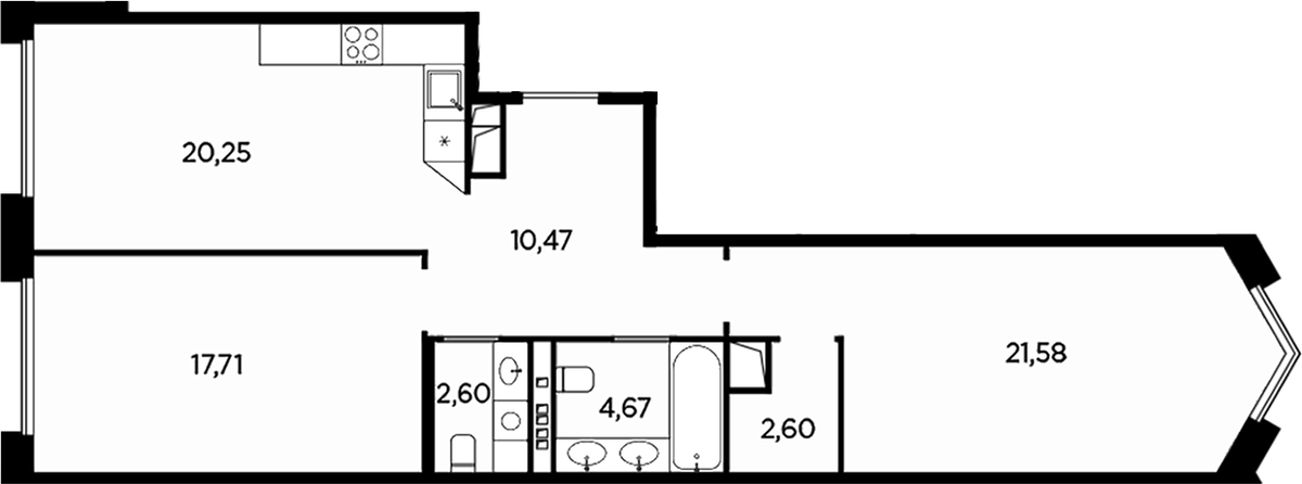 Планировка евротрёшка (3Е) 79.88 м² в ЖК «Акватория», корпус А