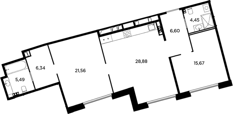 Планировка евротрёшка (3Е) 88.99 м² в ЖК «Акватория», корпус Б