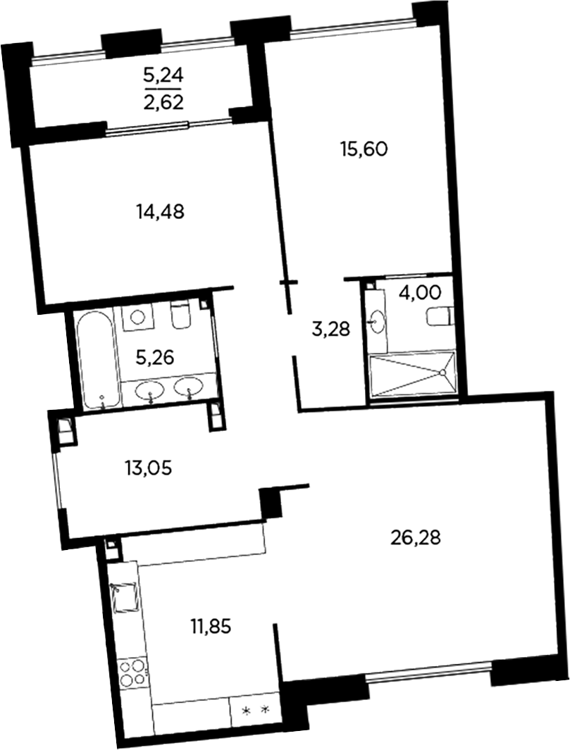 Планировка трёхкомнатная 96.42 м² в ЖК «Акватория», корпус Б