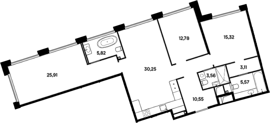 Планировка евро-4 (4Е) 112.87 м² в ЖК «Акватория», корпус Б