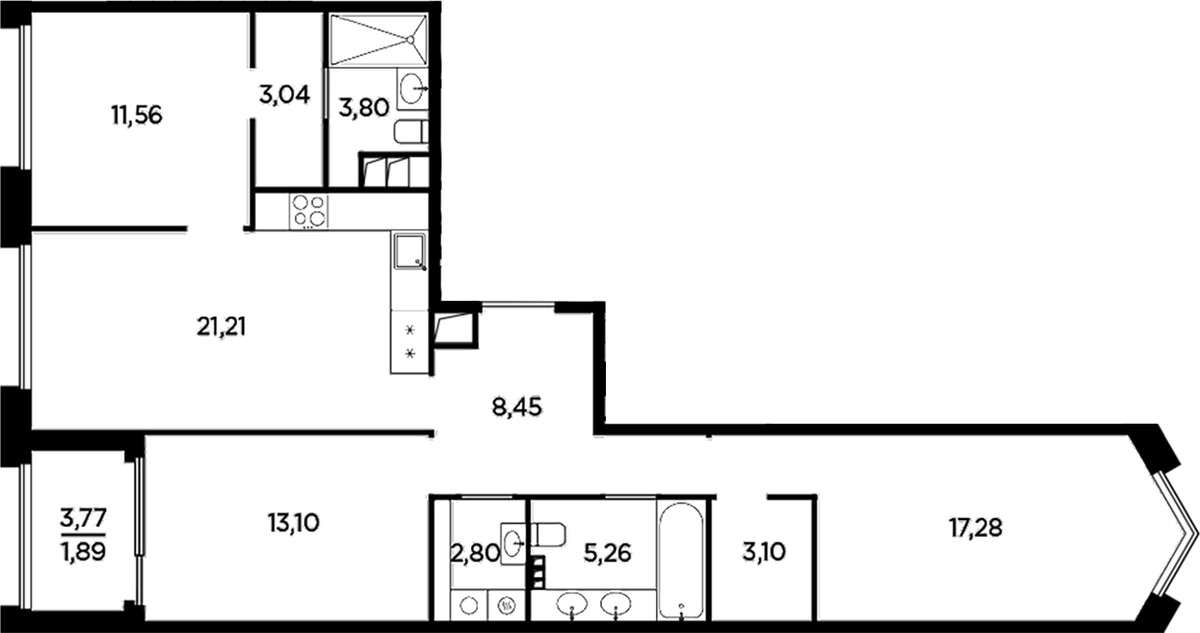 Планировка евро-4 (4Е) 91.49 м² в ЖК «Акватория», корпус А