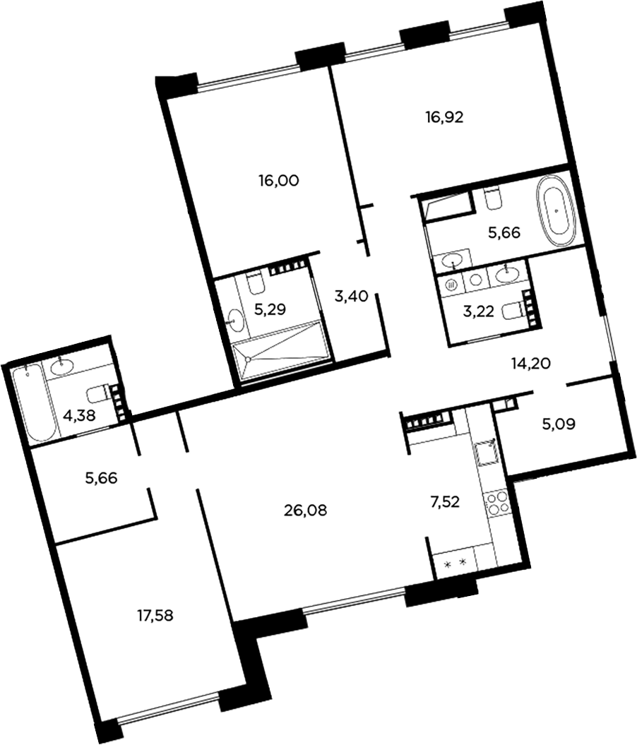 Планировка четырёхкомнатная 131 м² в ЖК «Акватория», корпус Б