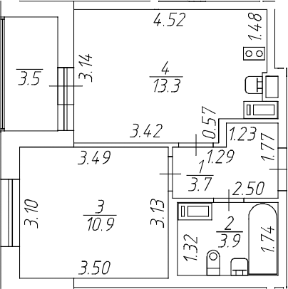Планировка однокомнатная 33.55 м² в ЖК «Аквилон All in 3.0», корпус 1